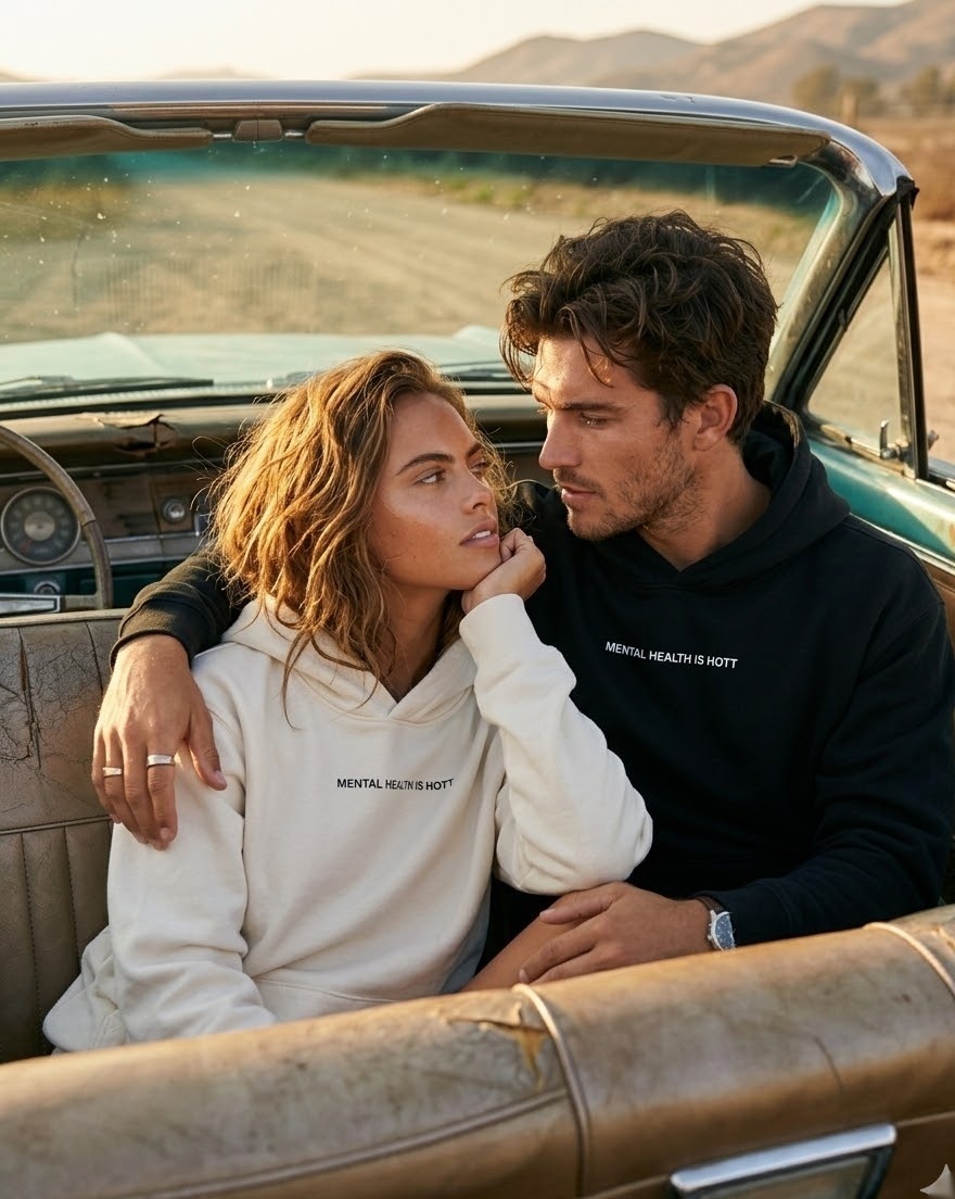Couple wearing Mental Health Is Hott hoodies