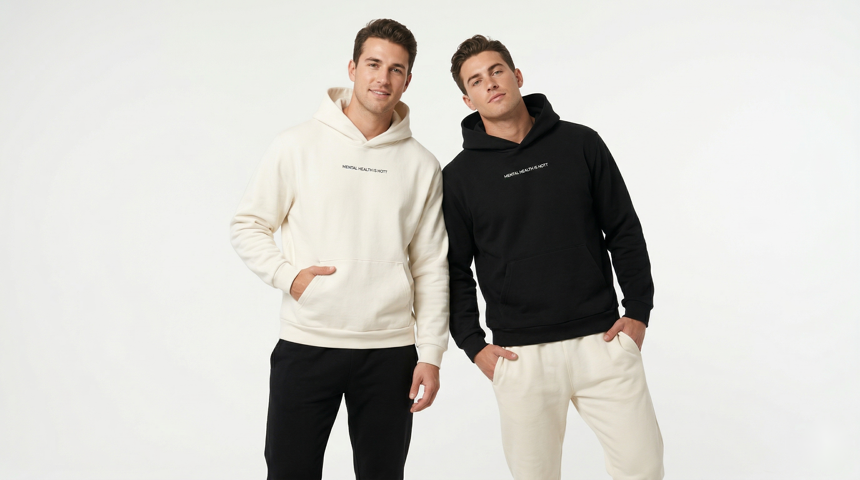 Two men wearing Mental Health Is Hott hoodies